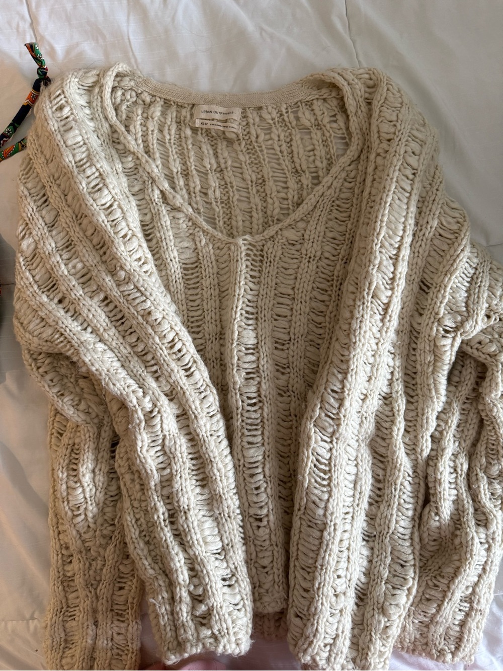Urban Outfitters Cream Open Cable Knit V‑Neck Sweater